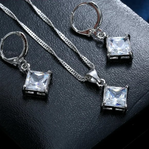 4Pc Princess Diamond Set Pendant, Earrings & 18" Chain 925 Sterling Silver - Picture 3 of 5